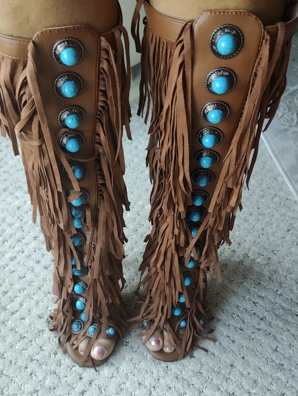 Women's Aztec Fringe Gladiator Boots with Turquoise Accents